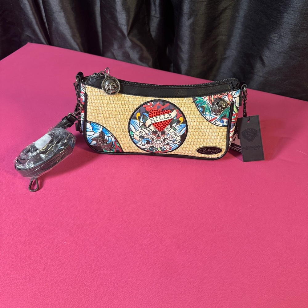 Ed Hardy Straw Skull Heart “Love Kills Slowly” Shoulder Bag NWT Y2K Tattoo Purse